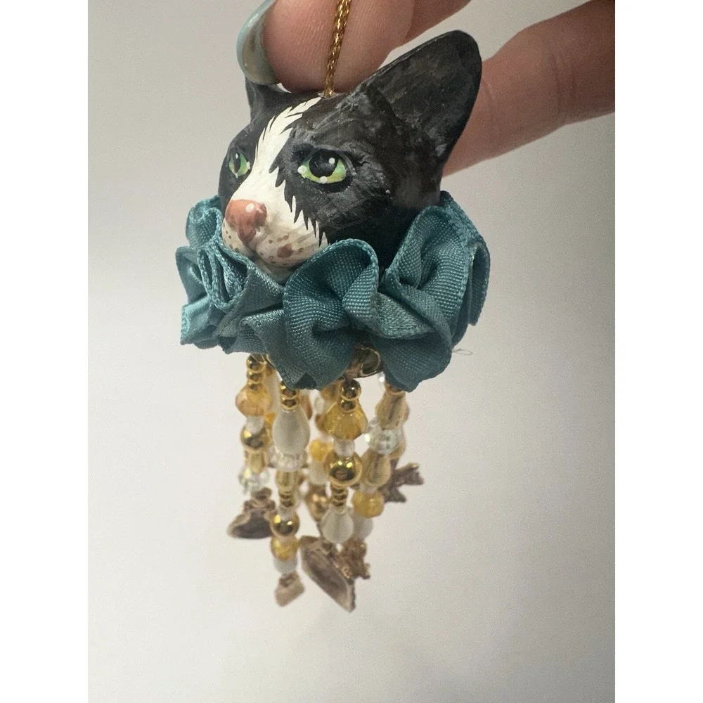Whimsical Cat Ornament With Gold Toned Dangles Black And White